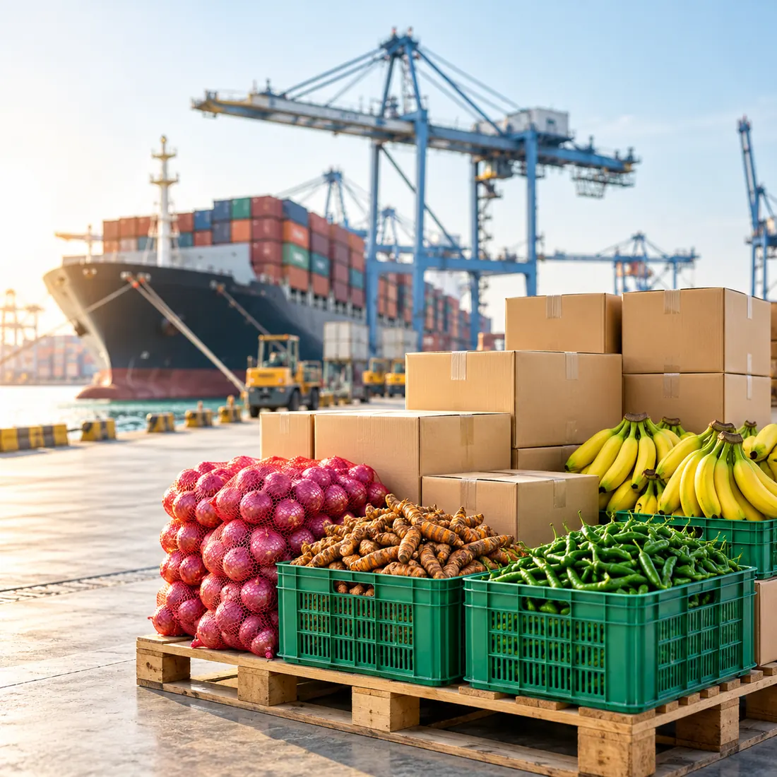 A pallet of onions, ginger, green chillies and bananas on a harbour quay, with a container ship and cranes behind