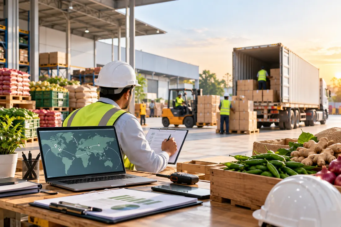 A supervisor with a laptop and checklists beside a warehouse where trucks are being loaded at sunrise