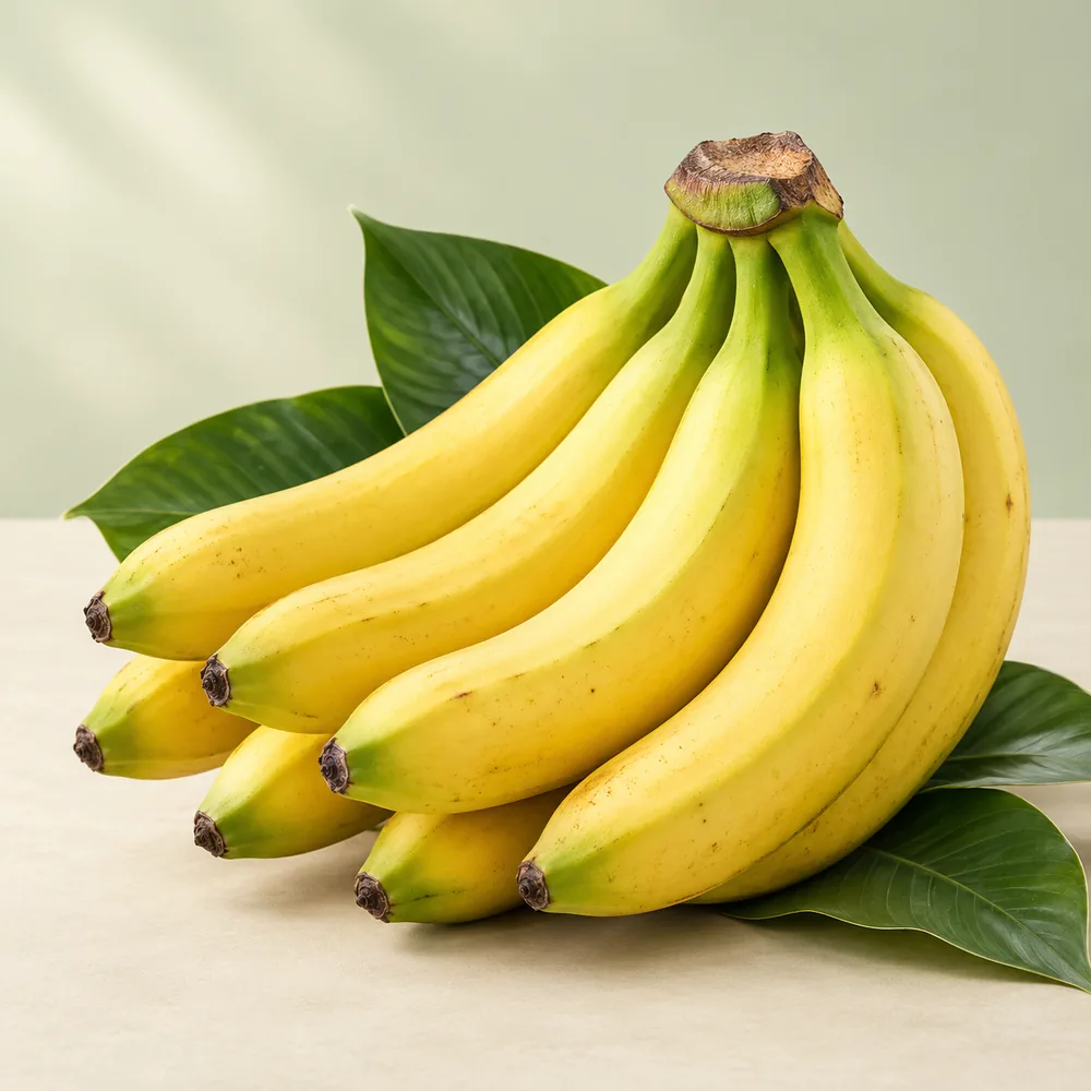 A bunch of ripe yellow bananas with green leaves
