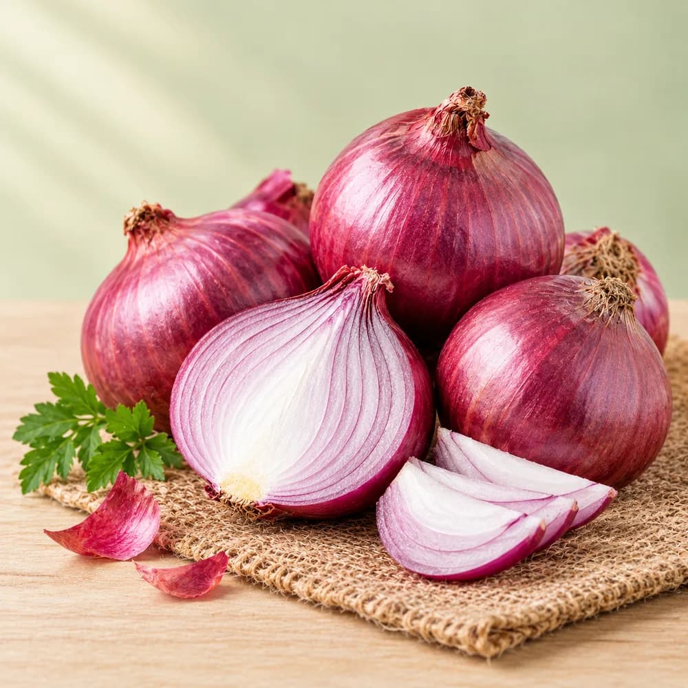 Red onions, whole and halved, on burlap