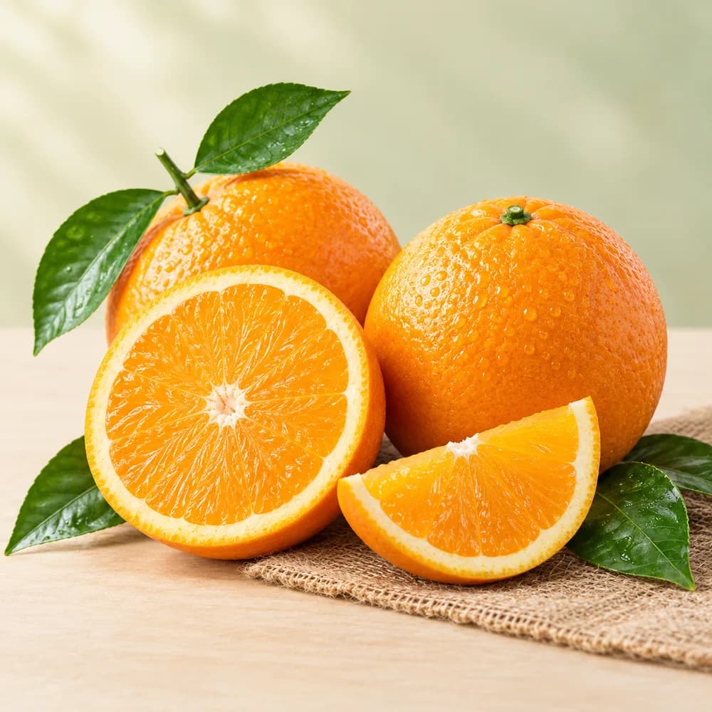 Fresh oranges, whole and sliced, on burlap