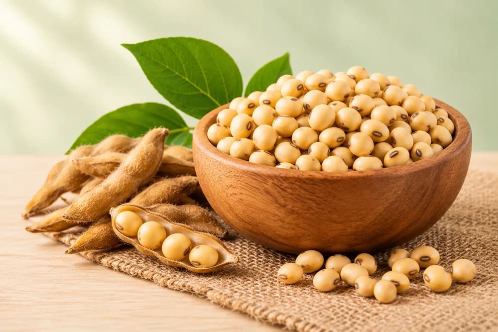A wooden bowl of soybeans with pods on burlap